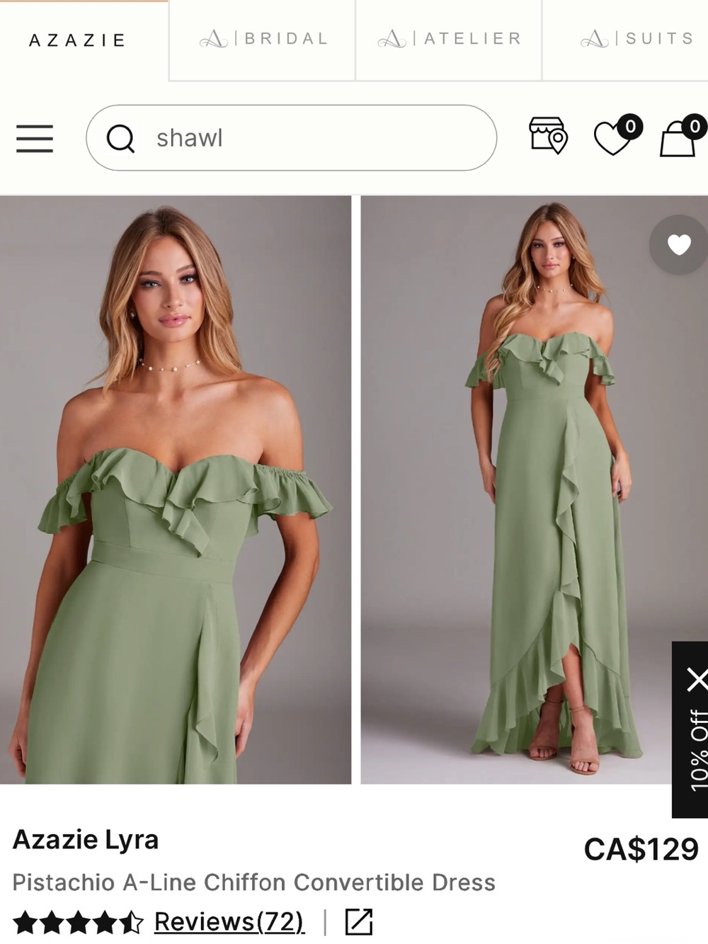 Azazie Pistachio Lyra Strapless Ruffle A-Line Chiffon Dress